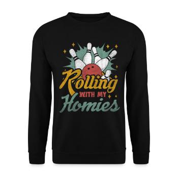 Rolling with my Homies Retro Bowling Geschenk - Unisex Pullover - Schwarz - Vorne - Alina (178cm) & Michal (187cm)