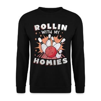 Rollin with my Homies Retro Bowling Geschenk - Unisex Pullover - Schwarz - Vorne - Alina (178cm) & Michal (187cm)