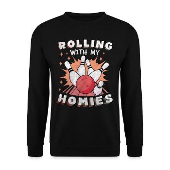 Rolling with my Homies Retro Bowling Geschenk - Unisex Pullover - Schwarz - Vorne - Alina (178cm) & Michal (187cm)