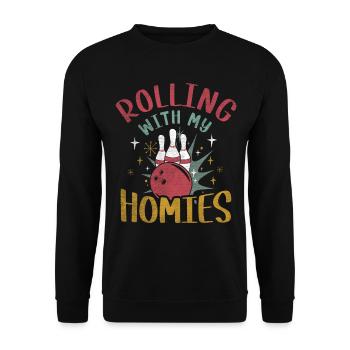 Rolling with my Homies Retro Bowling Geschenk - Unisex Pullover - Schwarz - Vorne - Alina (178cm) & Michal (187cm)