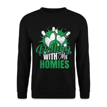 Rolling with my Homies Retro Bowling Geschenk - Unisex Pullover - Schwarz - Vorne - Alina (178cm) & Michal (187cm)