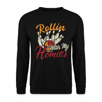 Rollin with my Homies Retro Bowling Geschenk - Unisex Pullover - Schwarz - Vorne - Alina (178cm) & Michal (187cm)