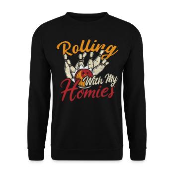 Rolling with my Homies Retro Bowling Geschenk - Unisex Pullover - Schwarz - Vorne - Alina (178cm) & Michal (187cm)