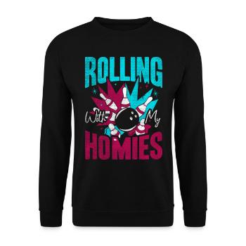 Rolling with my Homies Retro Bowling Geschenk - Unisex Pullover - Schwarz - Vorne - Alina (178cm) & Michal (187cm)