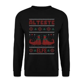 Ugly Christmas Weihnachtself Älteste Elfe Xmas Elf - Unisex Pullover - Schwarz - Vorne - Alina (178cm) & Michal (187cm)