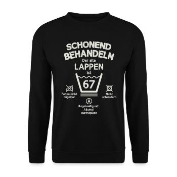 Der Alte Lappen, Schonend Behandeln 67. Geburtstag - Unisex Pullover - Schwarz - Vorne - Alina (178cm) & Michal (187cm)