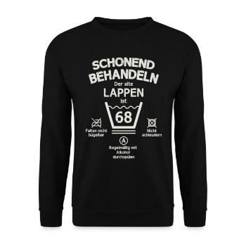 Der Alte Lappen, Schonend Behandeln 65. Geburtstag - Unisex Pullover - Schwarz - Vorne - Alina (178cm) & Michal (187cm)