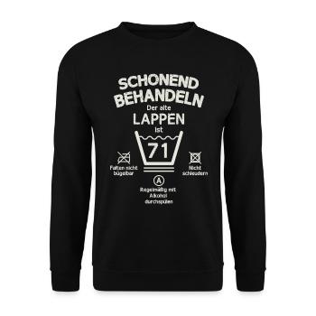 Der Alte Lappen, Schonend Behandeln 65. Geburtstag - Unisex Pullover - Schwarz - Vorne - Alina (178cm) & Michal (187cm)