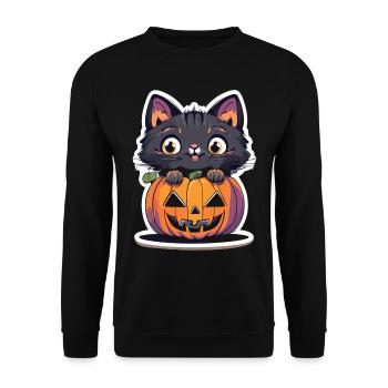 Lustiges Halloween: Katze im Kürbis - Unisex Pullover - Schwarz - Vorne - Alina (178cm) & Michal (187cm)