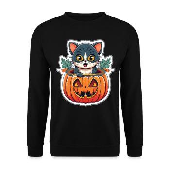 Katzenaugen im Dunkel: Magisches Halloween-Design - Unisex Pullover - Schwarz - Vorne - Alina (178cm) & Michal (187cm)