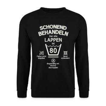 Der Alte Lappen, Schonend Behandeln 80. Geburtstag - Unisex Pullover - Schwarz - Vorne - Alina (178cm) & Michal (187cm)