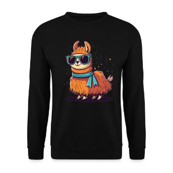 Trendiges Lama im türkisen Schal und Sonnenbrille - Unisex Pullover - Schwarz - Vorne - Alina (178cm) & Michal (187cm)