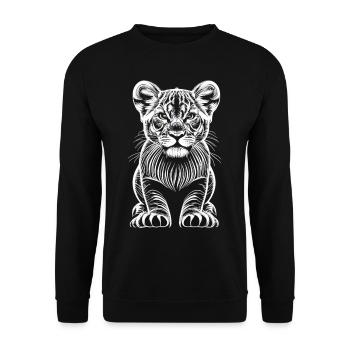 Kindliche Grazie: Das Löwenbaby inReinweiß - Unisex Pullover - Schwarz - Vorne - Alina (178cm) & Michal (187cm)