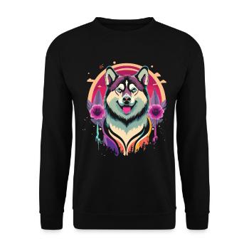 Fröhlicher Husky - Bunte Hundekunst - Unisex Pullover - Schwarz - Vorne - Alina (178cm) & Michal (187cm)