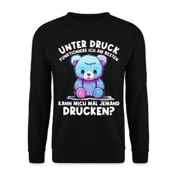 Unter Druck arbeite ich am besten Trauriger Teddy - Unisex Pullover - Schwarz - Vorne - Alina (178cm) & Michal (187cm)