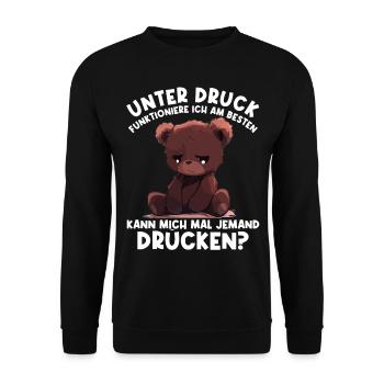 Unter Druck arbeite ich am besten Trauriger Teddy - Unisex Pullover - Schwarz - Vorne - Alina (178cm) & Michal (187cm)