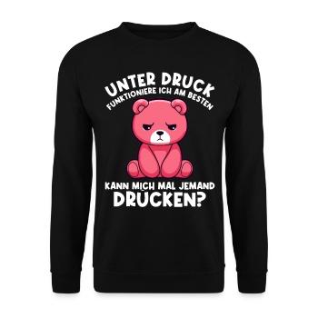 Unter Druck arbeite ich am besten Trauriger Teddy - Unisex Pullover - Schwarz - Vorne - Alina (178cm) & Michal (187cm)