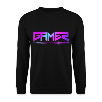 Gamer mit Schwert - Unisex Pullover - Schwarz - Vorne - Alina (178cm) & Michal (187cm)