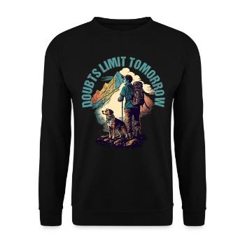 Wanderer mit Hund Design für Bergsteiger - Unisex Pullover - Schwarz - Vorne - Alina (178cm) & Michal (187cm)