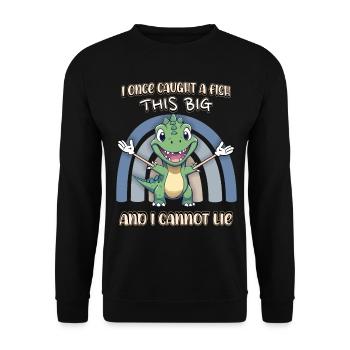 Dino Angler, Fischen, lustiger Comic Dinosaurier - Unisex Pullover - Schwarz - Vorne - Alina (178cm) & Michal (187cm)