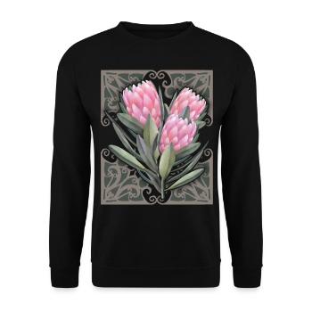 Protea vintage botanische Illustration, Blumen - Unisex Pullover - Schwarz - Vorne - Alina (178cm) & Michal (187cm)