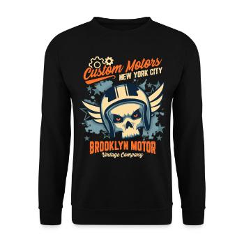 Motorrad Skull, Biker Totenkopf, Brooklyn Motor - Unisex Pullover - Schwarz - Vorne - Alina (178cm) & Michal (187cm)