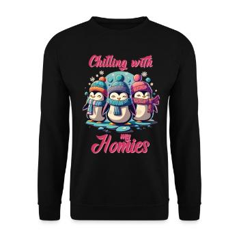 Winterliche Homies - Pinguin Spaß im Schnee - Unisex Pullover - Schwarz - Vorne - Alina (178cm) & Michal (187cm)
