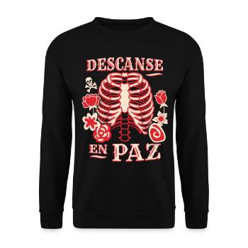 Skelett, Brustkorb, lustiger Spruch Rest-In-Peace - Unisex Pullover - Schwarz - Vorne - Alina (178cm) & Michal (187cm)