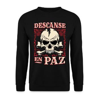Totenkopf, Crossbones Knochen Spruch Rest-In-Peace - Unisex Pullover - Schwarz - Vorne - Alina (178cm) & Michal (187cm)