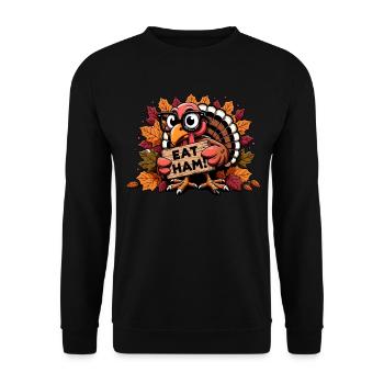 Manger du jambon - Drôle de dinde pèlerine Thanksgiving - Sweat-shirt Unisexe - noir - Devant - Alina (178cm) & Michal (187cm)