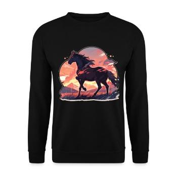 Pferde Schwarzes Pferd Pferd Sonnenuntergang - Unisex Pullover - Schwarz - Vorne - Alina (178cm) & Michal (187cm)