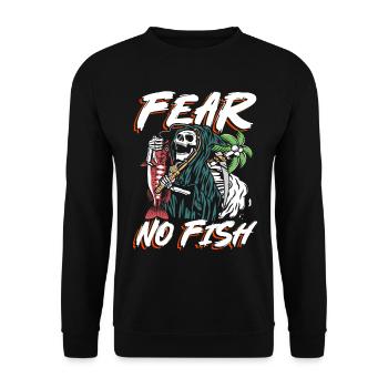 Keine Angst vor Fischen | Totenkopf- und Sensenmann-Angeln - Unisex Pullover - Schwarz - Vorne - Alina (178cm) & Michal (187cm)