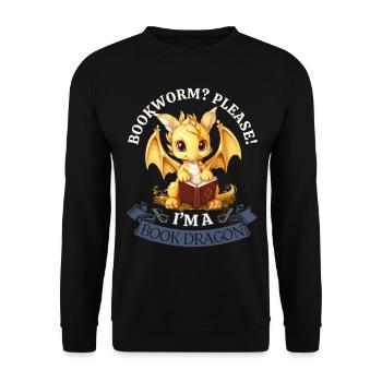 Bücherwurm: "Bookworm? Please! I'm A Book Dragon" - Unisex Pullover - Schwarz - Vorne - Alina (178cm) & Michal (187cm)