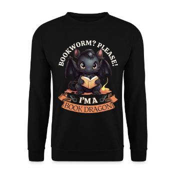 Bücherwurm: "Bookworm? Please! I'm A Book Dragon" - Unisex Pullover - Schwarz - Vorne - Alina (178cm) & Michal (187cm)