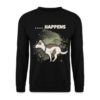Shit happens Spruch, lustiger Hund im Comic Stil - Unisex Pullover - Schwarz - Vorne - Alina (178cm) & Michal (187cm)