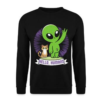 Lustiger Alien Comic, Aliens mit Katze, Spruch - Unisex Pullover - Schwarz - Vorne - Alina (178cm) & Michal (187cm)