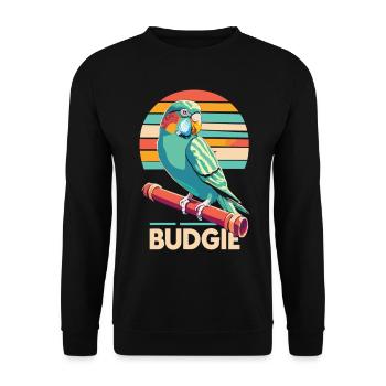 Vogelkunst im Vintage-Look: Der Wellensittich - Unisex Pullover - Schwarz - Vorne - Alina (178cm) & Michal (187cm)