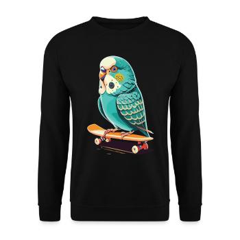 Skatepark-Budgie: Bunte Skateboard-Action - Unisex Pullover - Schwarz - Vorne - Alina (178cm) & Michal (187cm)