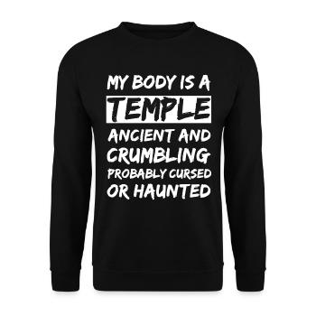 Mein Körper ist ein Tempel. Uralt und zerbröckelnd und - Unisex Pullover - Schwarz - Vorne - Alina (178cm) & Michal (187cm)