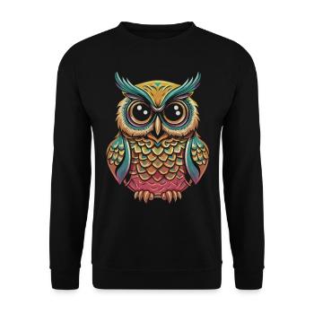 PopArt Eule: Buntes T-Shirt für Eulenliebhaber - Unisex Pullover - Schwarz - Vorne - Alina (178cm) & Michal (187cm)