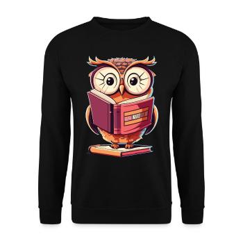 Eule trifft Bücherwurm: Ein Geschenk für Leser - Unisex Pullover - Schwarz - Vorne - Alina (178cm) & Michal (187cm)