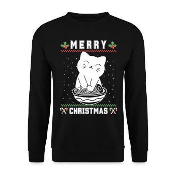 Süße Kawaii Anime Katze mit Ramen Ugly Christmas - Unisex Pullover - Schwarz - Vorne - Alina (178cm) & Michal (187cm)