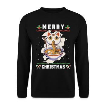 Süße Kawaii Anime Katze mit Ramen Ugly Christmas - Unisex Pullover - Schwarz - Vorne - Alina (178cm) & Michal (187cm)