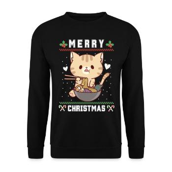 Süße Kawaii Anime Katze mit Ramen Ugly Christmas - Unisex Pullover - Schwarz - Vorne - Alina (178cm) & Michal (187cm)