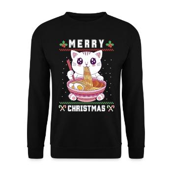 Süße Kawaii Anime Katze mit Ramen Ugly Christmas - Unisex Pullover - Schwarz - Vorne - Alina (178cm) & Michal (187cm)
