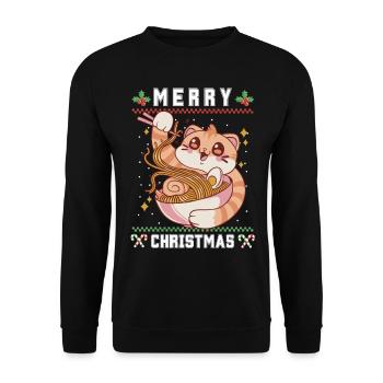 Süße Kawaii Anime Katze mit Ramen Ugly Christmas - Unisex Pullover - Schwarz - Vorne - Alina (178cm) & Michal (187cm)
