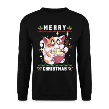 Süße Kawaii Anime Katze mit Ramen Ugly Christmas - Unisex Pullover - Schwarz - Vorne - Alina (178cm) & Michal (187cm)