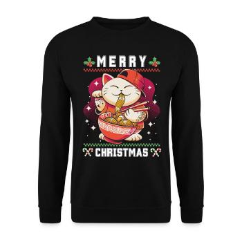Cute Kawaii Anime Cat with Ramen Ugly Christmas - Unisex Sweatshirt - black - Front - Alina (178cm) & Michal (187cm)