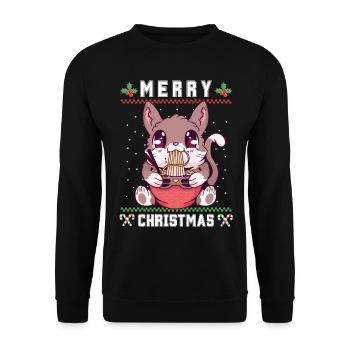Süße Kawaii Anime Katze mit Ramen Ugly Christmas - Unisex Pullover - Schwarz - Vorne - Alina (178cm) & Michal (187cm)
