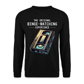 Retro VHS Kassette Nostalgisches 80er Jahre Binge-Watching - Unisex Pullover - Schwarz - Vorne - Alina (178cm) & Michal (187cm)